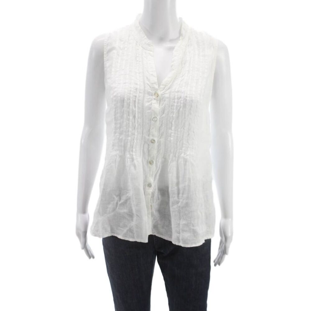 120% Lino Womens Linen Sleeveless V-Neck Button Front Basic Blouse Size 38